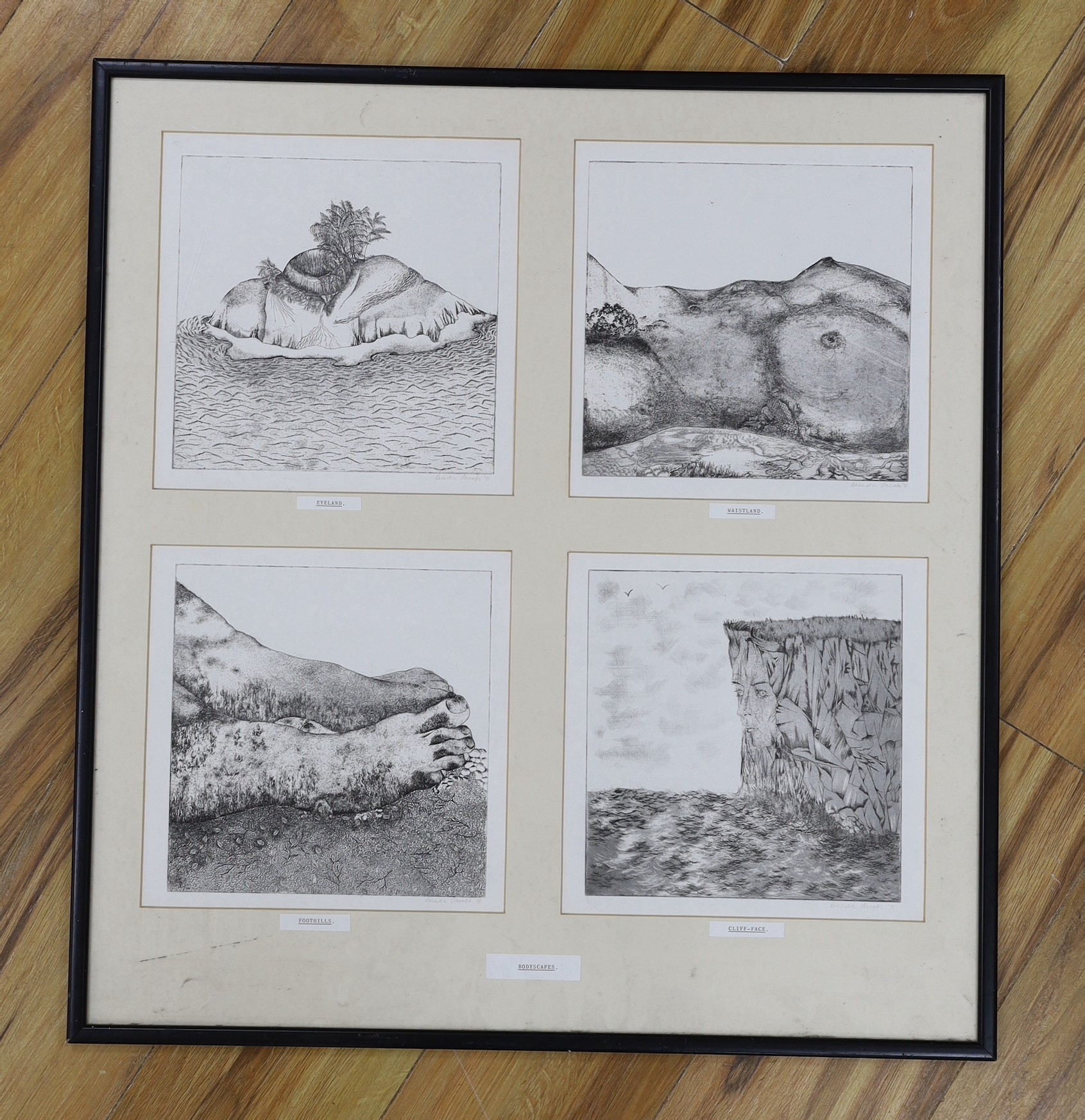 Brenda Jacobs, four etchings with aquatint, 'Bodyscapes', signed and dated '91, 22 x 22cm, framed as one